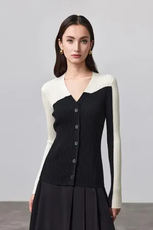 100 Merino Wool Color Block V Neck Cardigan