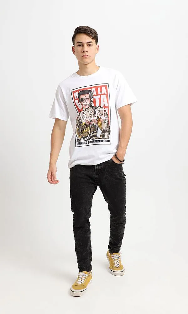 95191 Slip On White Printed Round Neck Casual Tee