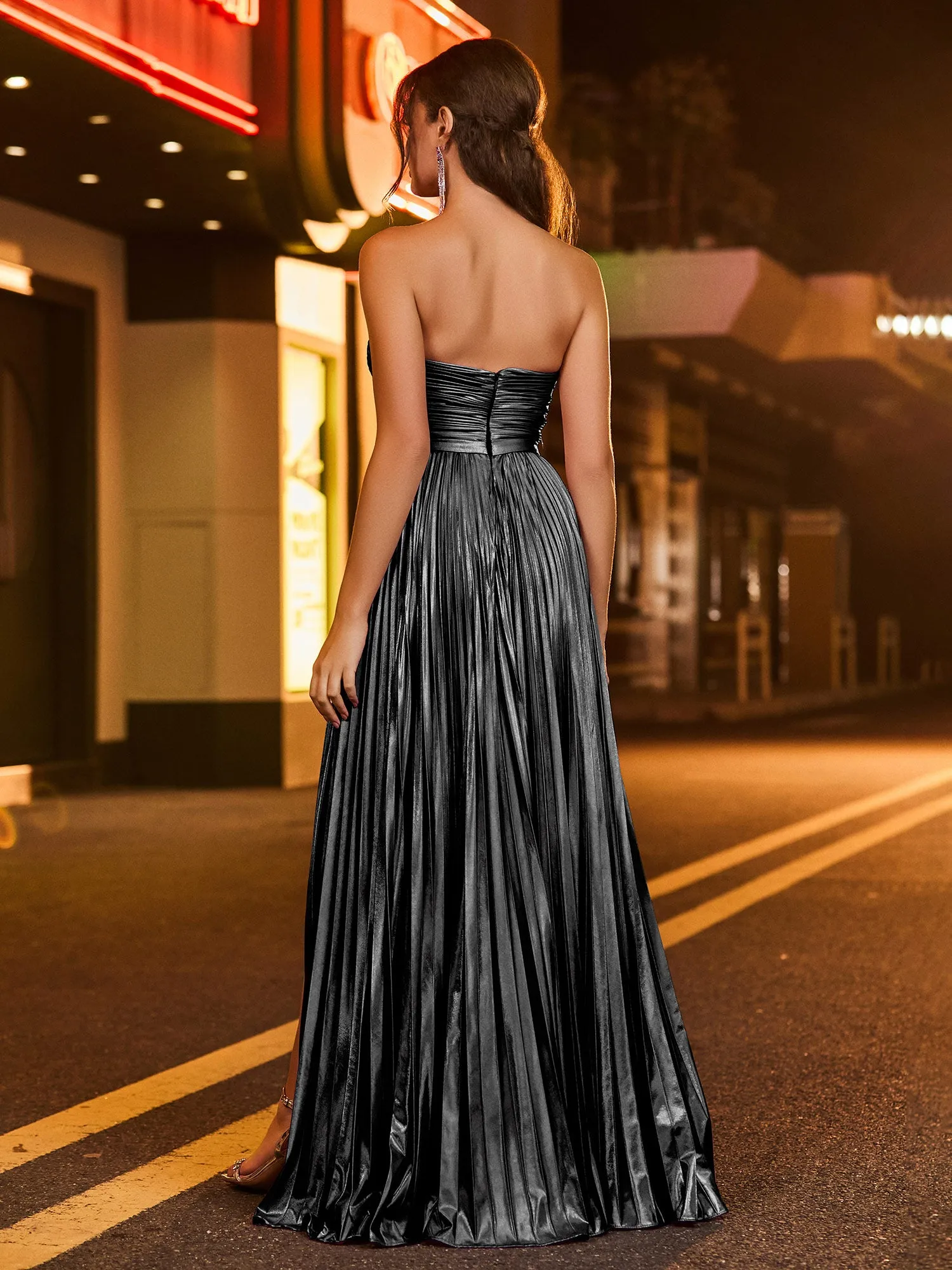 A-line  Strapless Pleated Maxi Dress Black