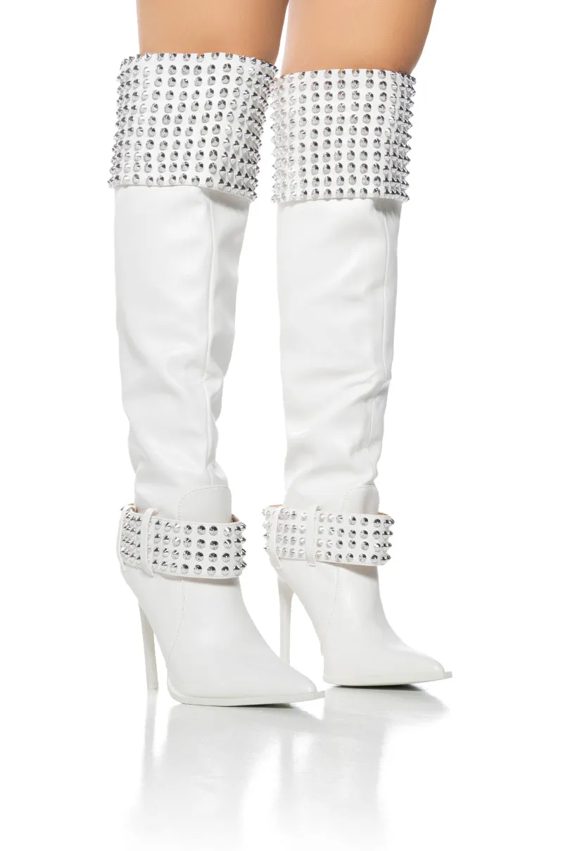 AZALEA WANG MARLENA SILVER STUDDED CREAM BOOT