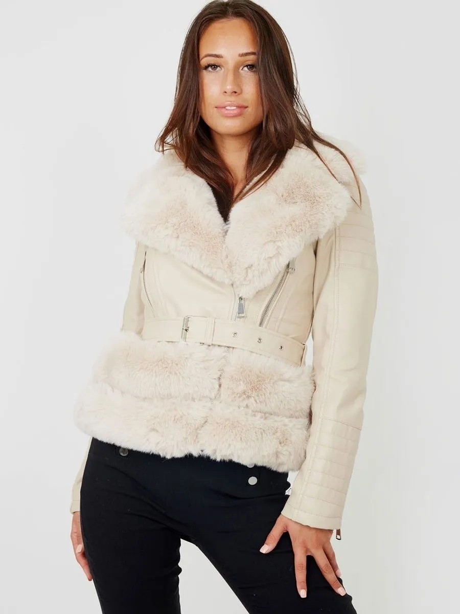 Beige Faux Fur Belted PU Coat