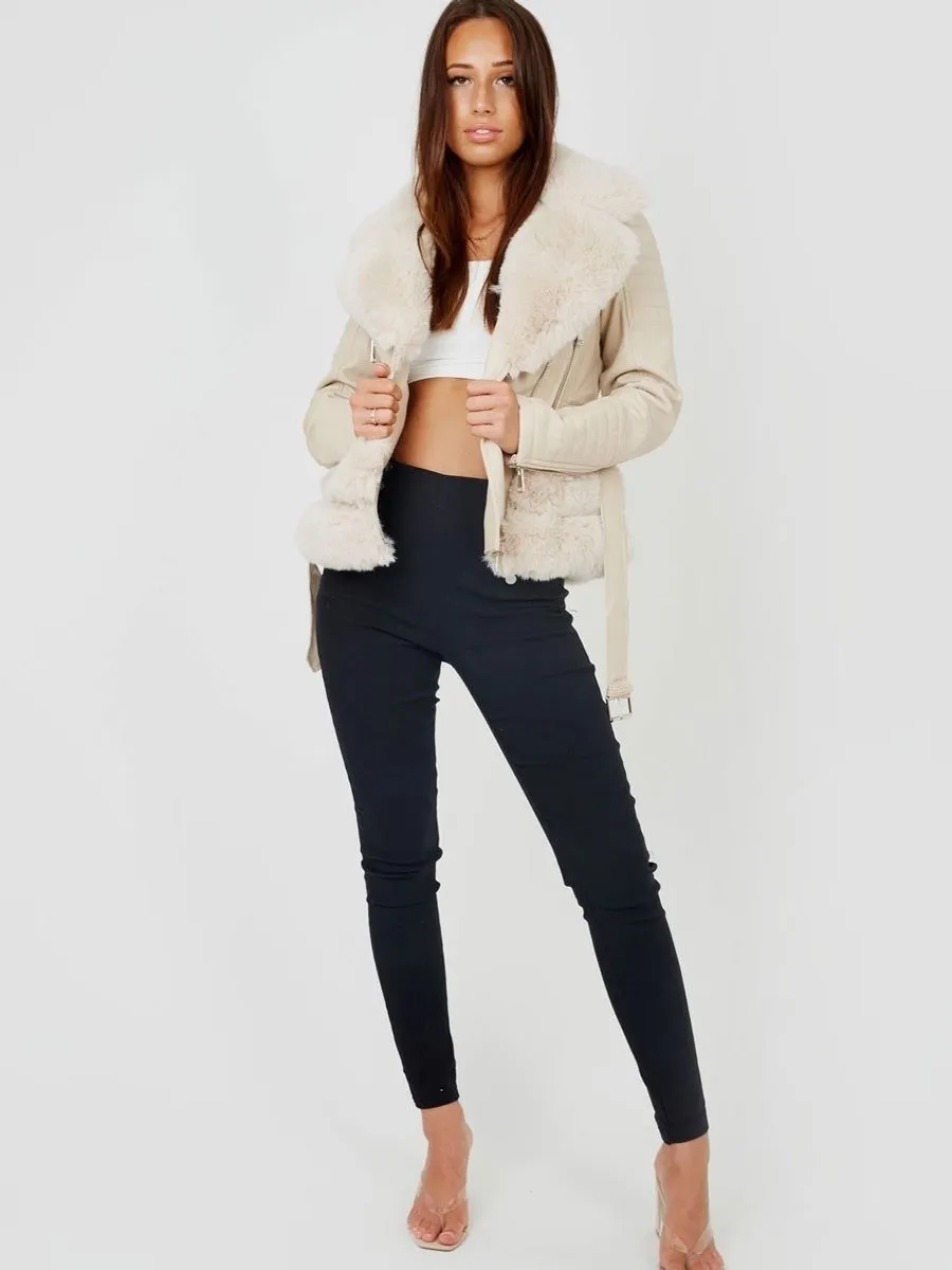Beige Faux Fur Belted PU Coat