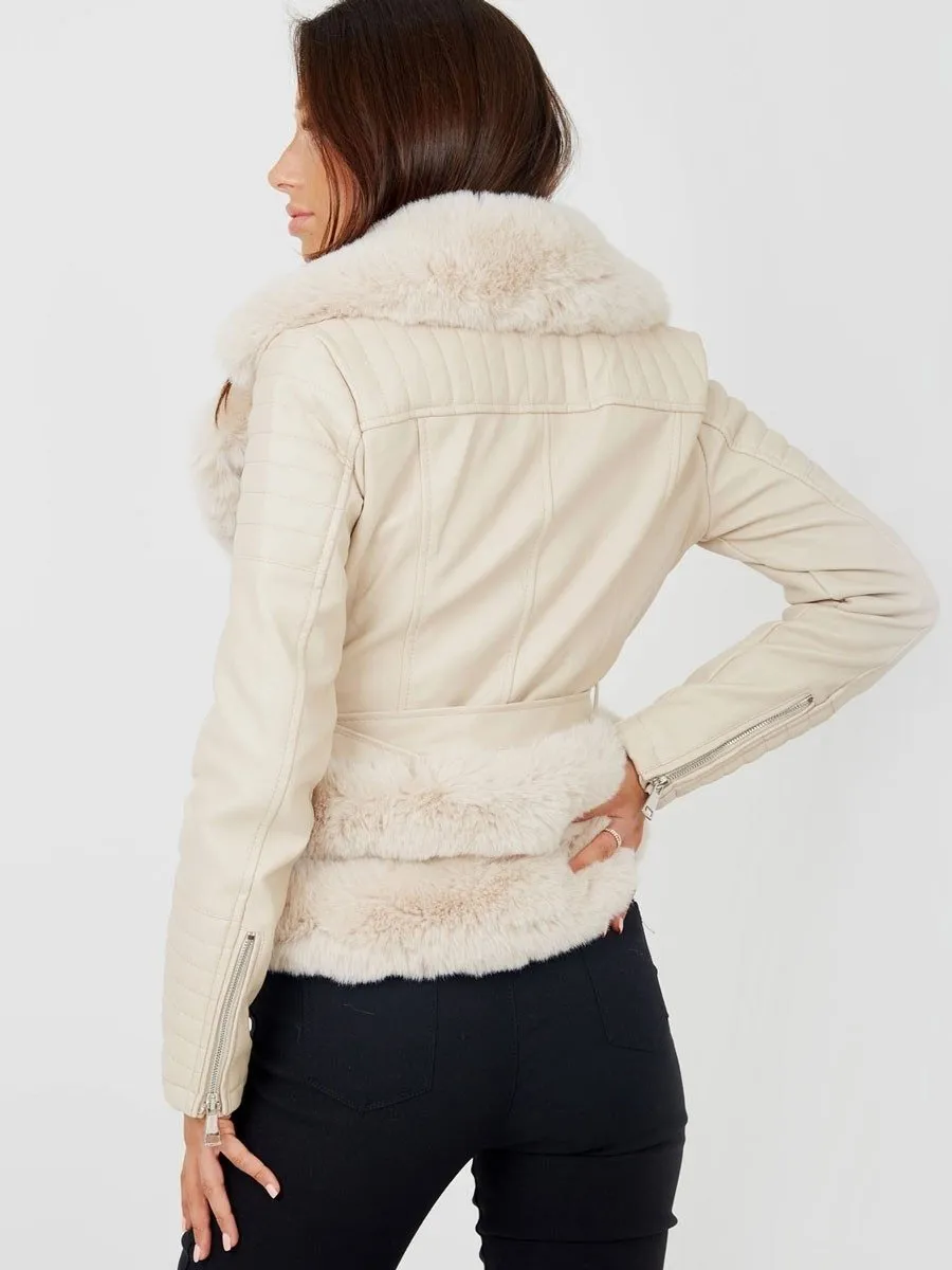 Beige Faux Fur Belted PU Coat