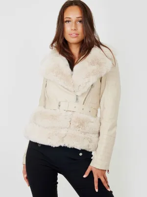 Beige Faux Fur Belted PU Coat