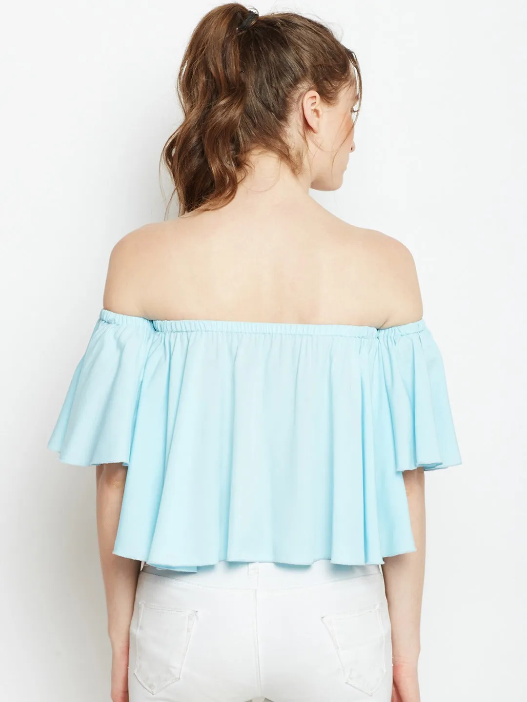 Berrylush Women Solid Blue Off-Shoulder Neck Flared Sleeves Ruffled Bardot Crop Top