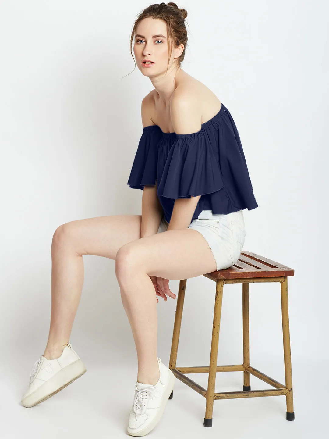 Berrylush Women Solid Blue Off-Shoulder Neck Ruffled Crop Bardot Top