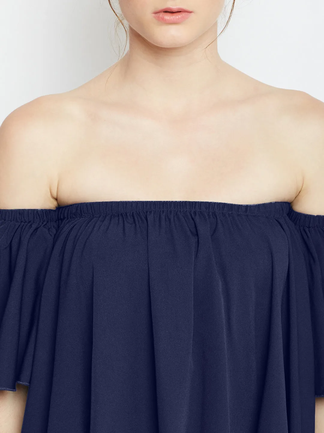 Berrylush Women Solid Blue Off-Shoulder Neck Ruffled Crop Bardot Top