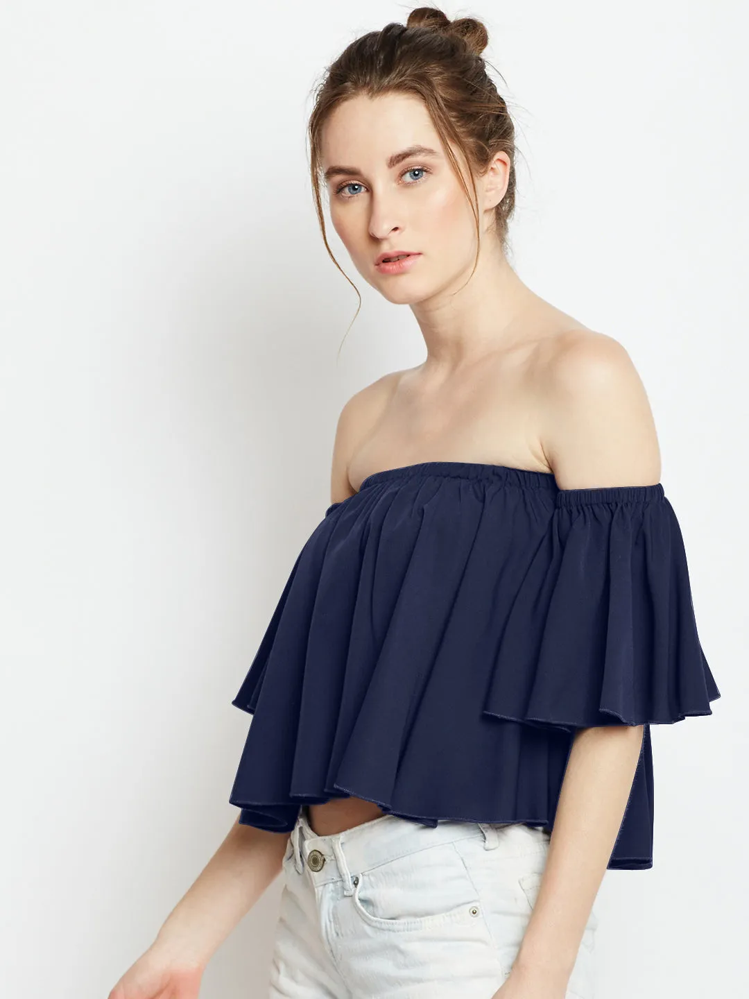 Berrylush Women Solid Blue Off-Shoulder Neck Ruffled Crop Bardot Top