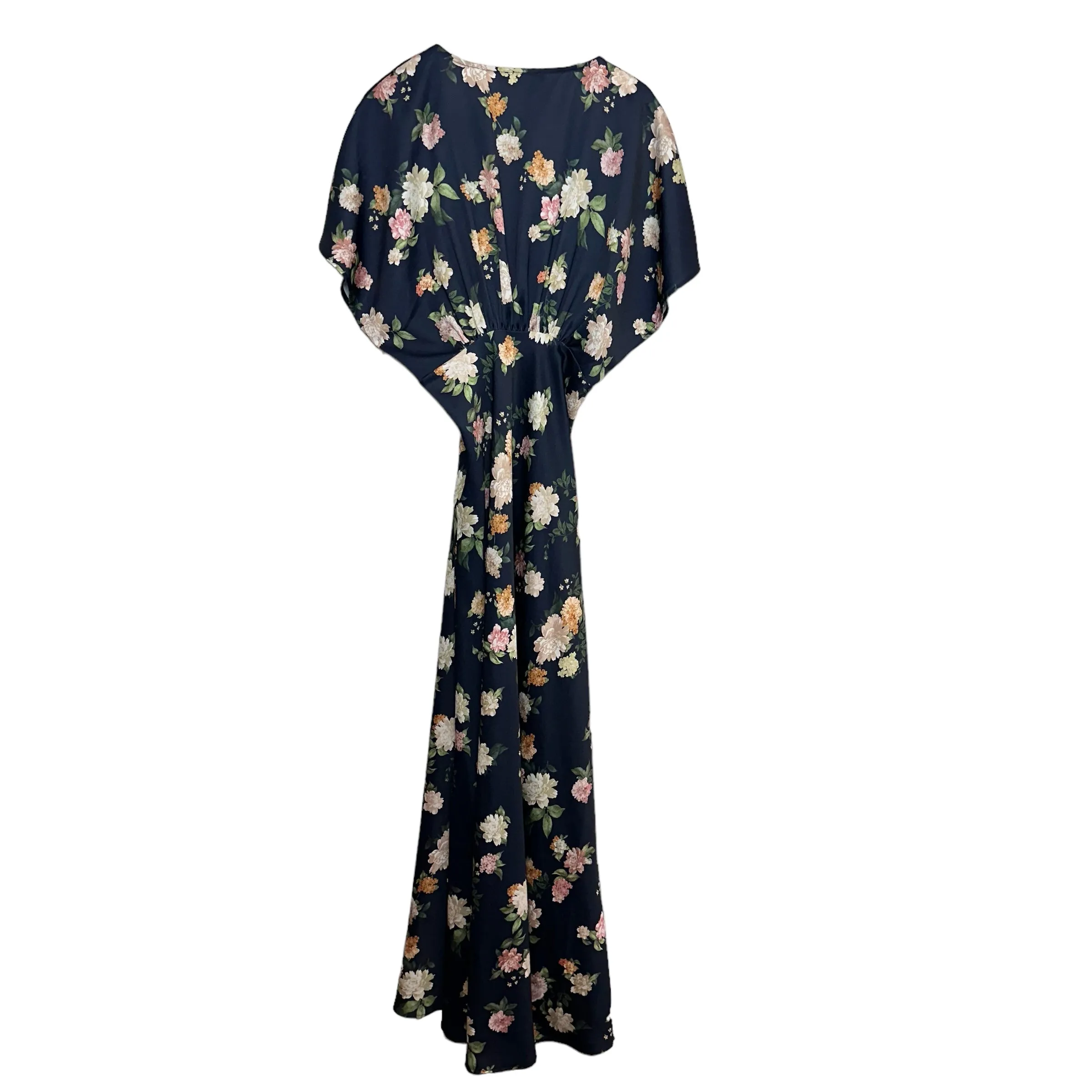 BHLDN Leila Deep V Flutter Sleeve Satin A Line Gown Floral Navy 8