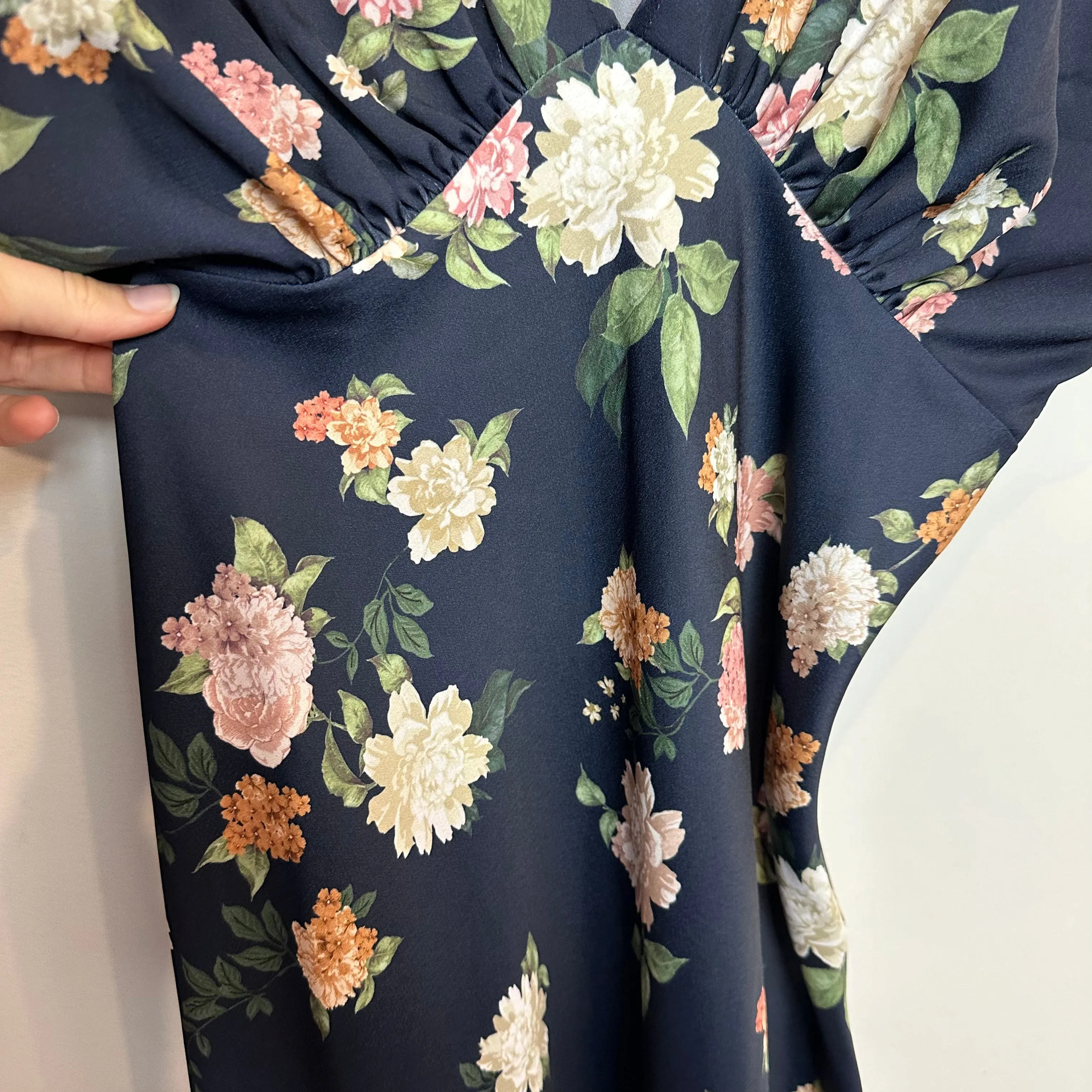 BHLDN Leila Deep V Flutter Sleeve Satin A Line Gown Floral Navy 8