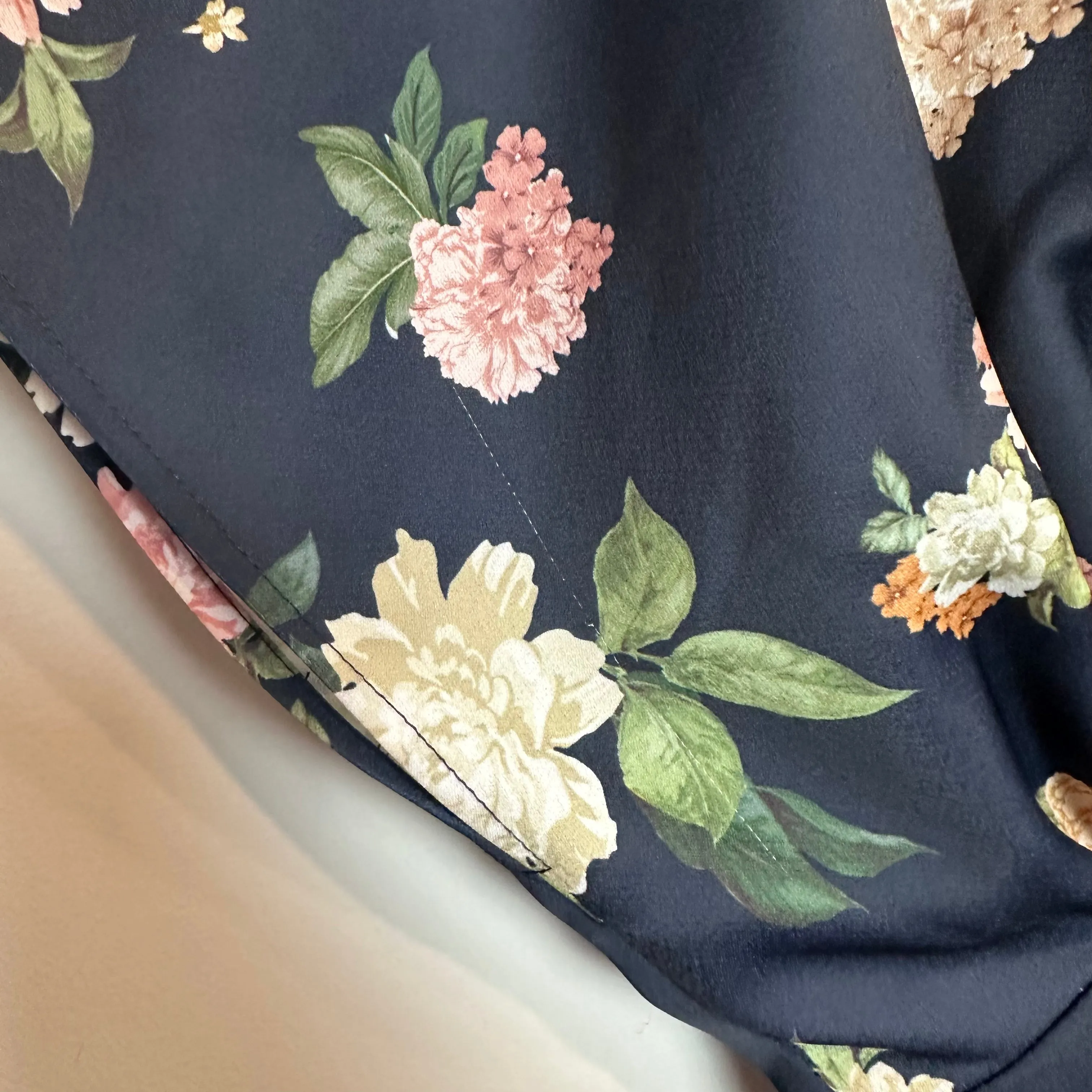 BHLDN Leila Deep V Flutter Sleeve Satin A Line Gown Floral Navy 8