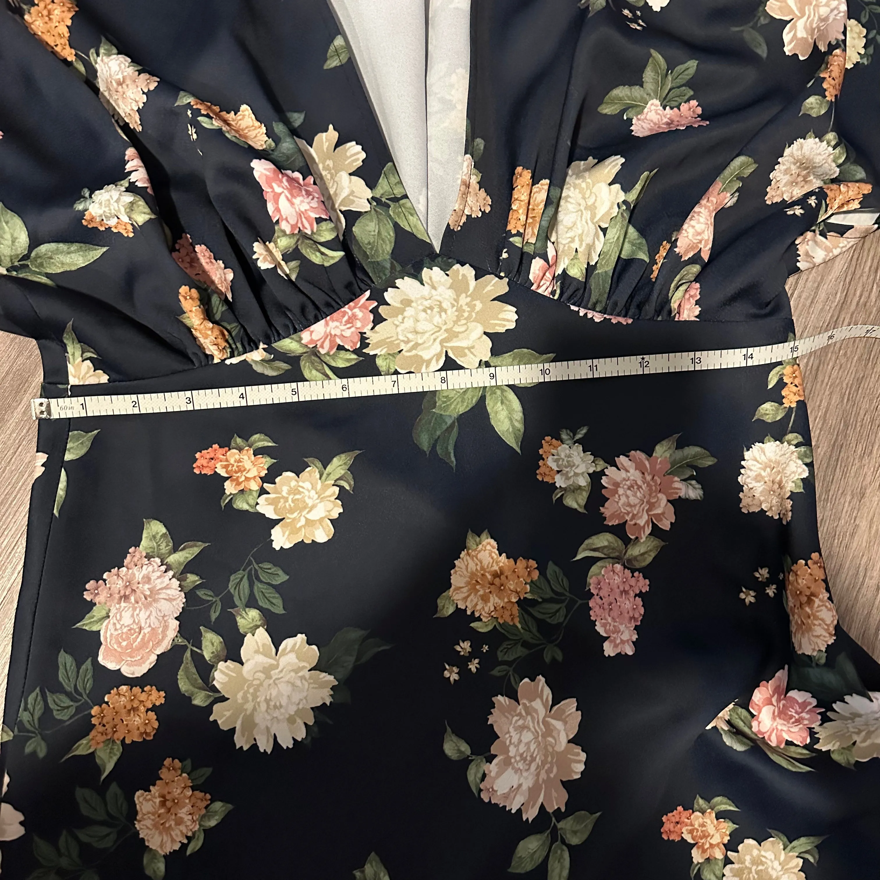 BHLDN Leila Deep V Flutter Sleeve Satin A Line Gown Floral Navy 8