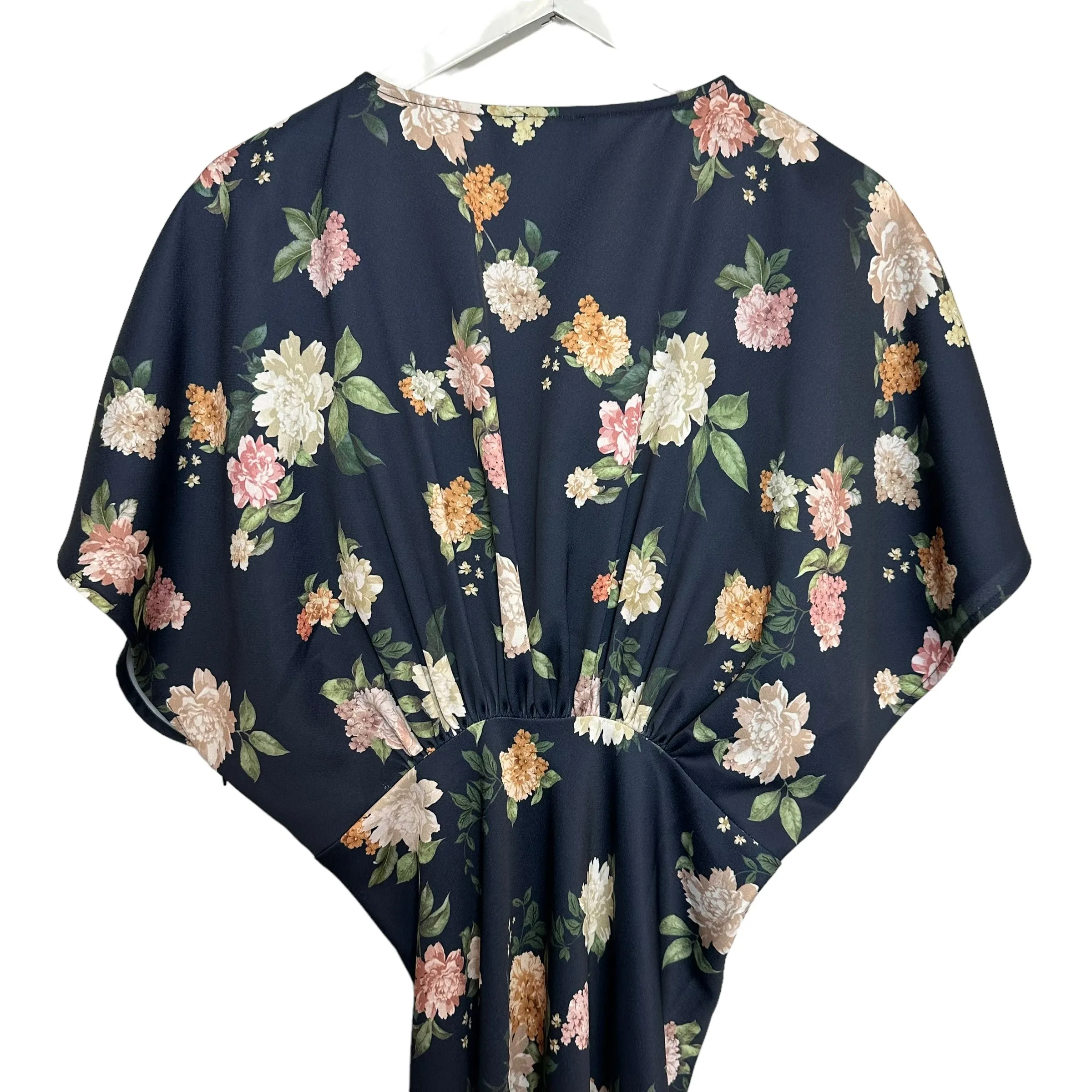 BHLDN Leila Deep V Flutter Sleeve Satin A Line Gown Floral Navy 8