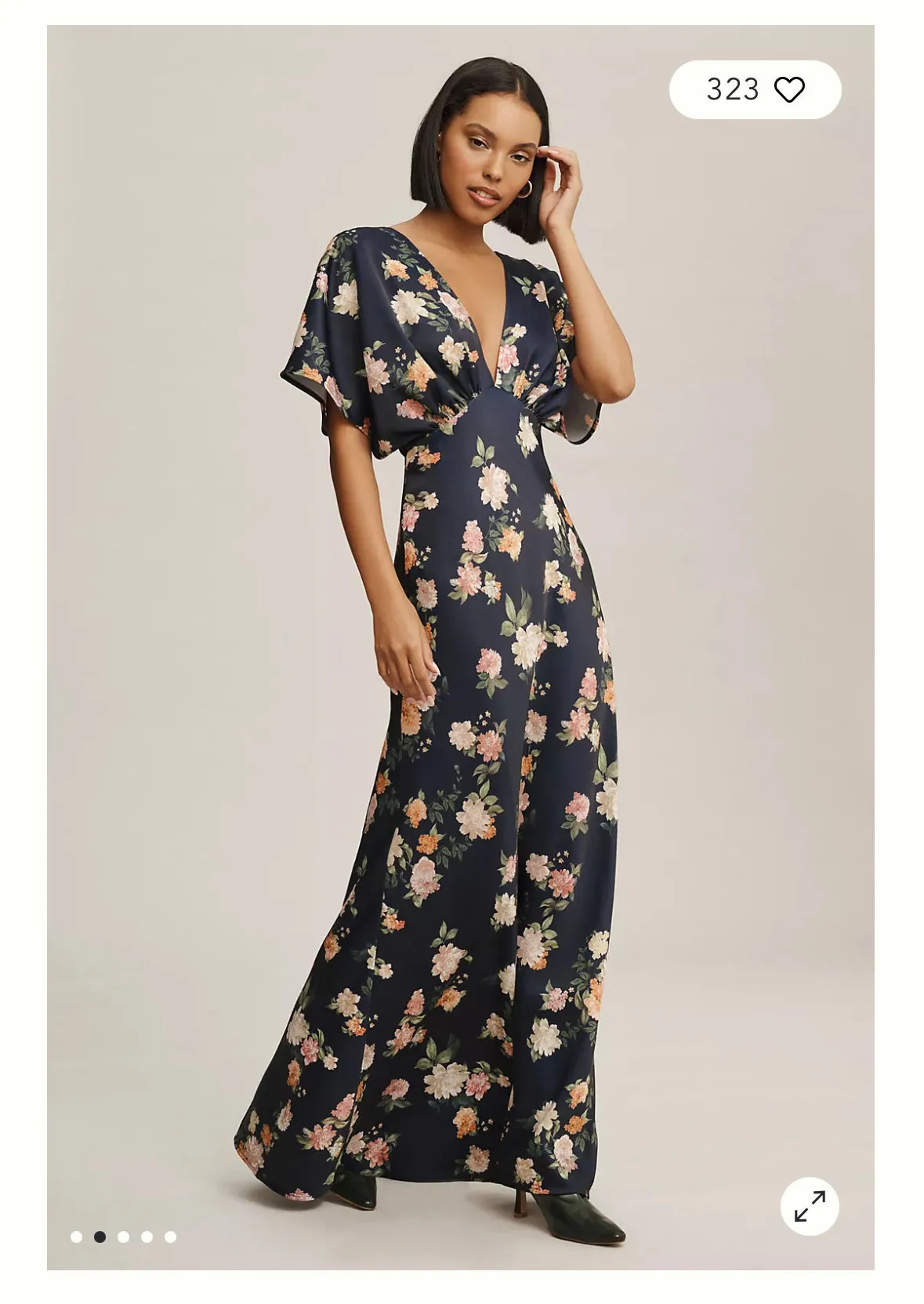 BHLDN Leila Deep V Flutter Sleeve Satin A Line Gown Floral Navy 8
