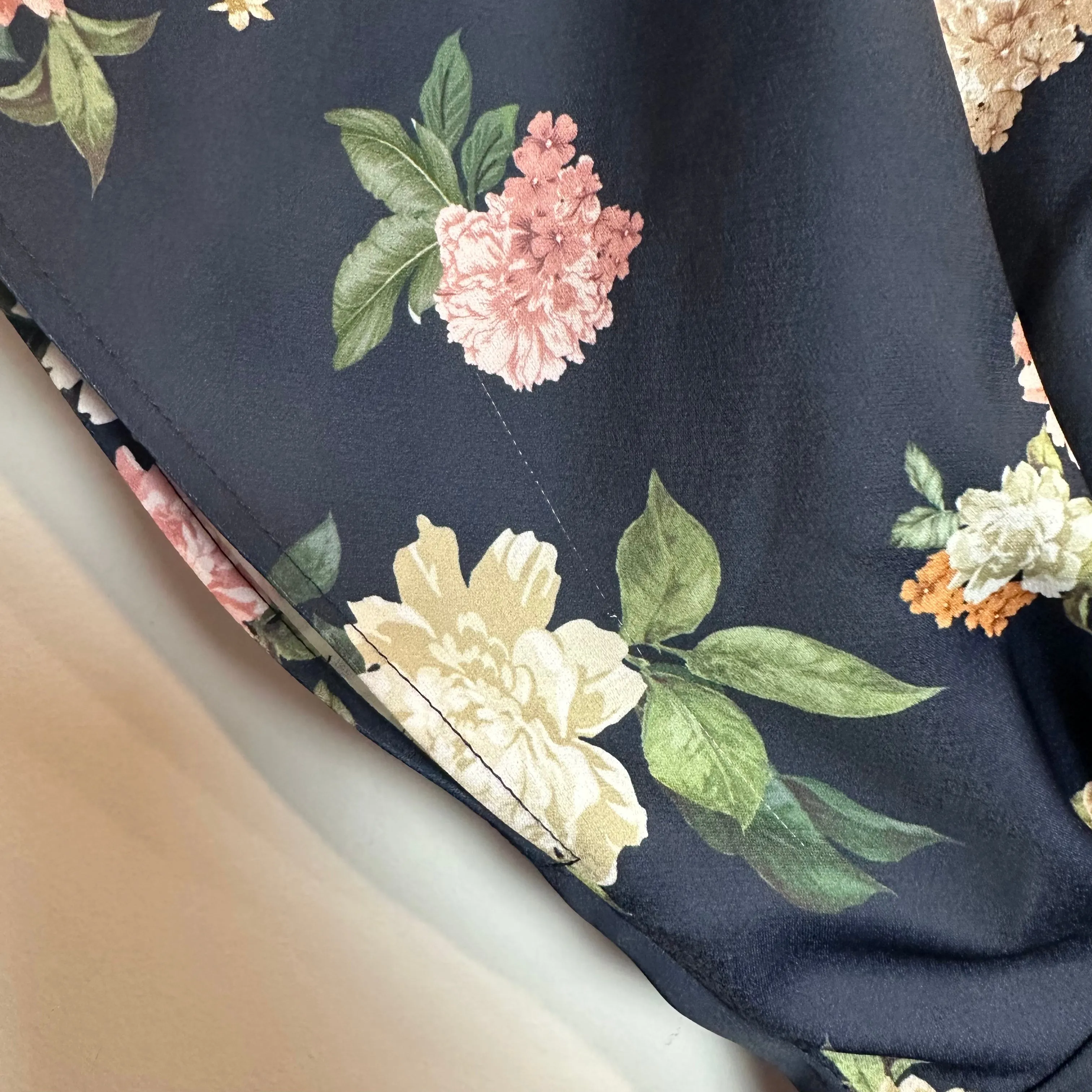 BHLDN Leila Deep V Flutter Sleeve Satin A Line Gown Floral Navy 8
