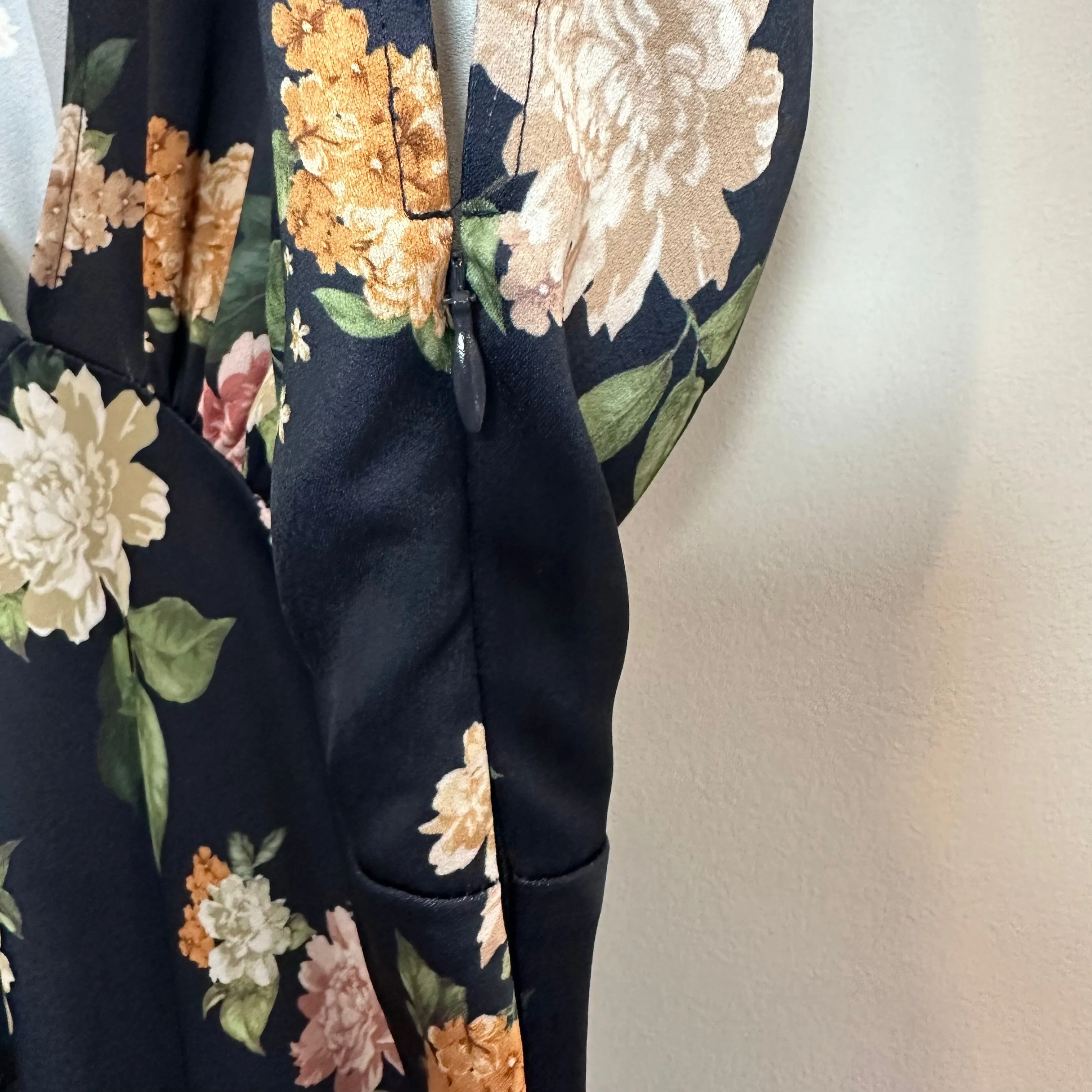 BHLDN Leila Deep V Flutter Sleeve Satin A Line Gown Floral Navy 8