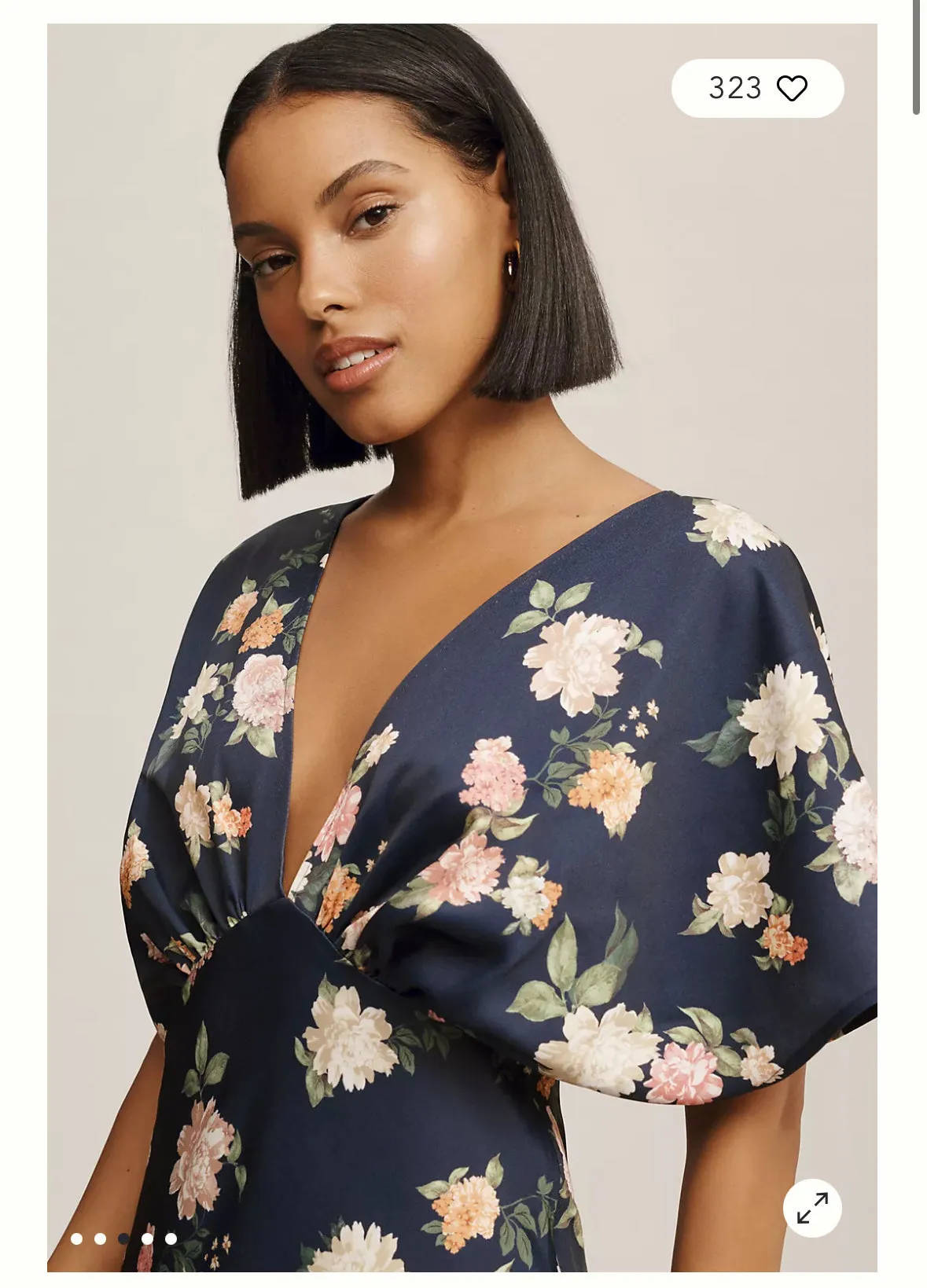 BHLDN Leila Deep V Flutter Sleeve Satin A Line Gown Floral Navy 8
