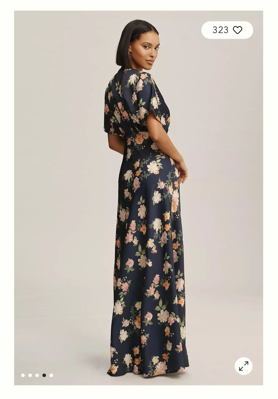 BHLDN Leila Deep V Flutter Sleeve Satin A Line Gown Floral Navy 8