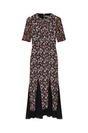 Black Floral Print Godet Maxi Dress