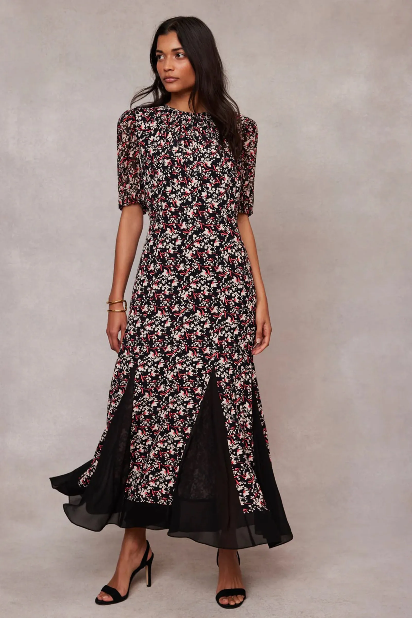 Black Floral Print Godet Maxi Dress