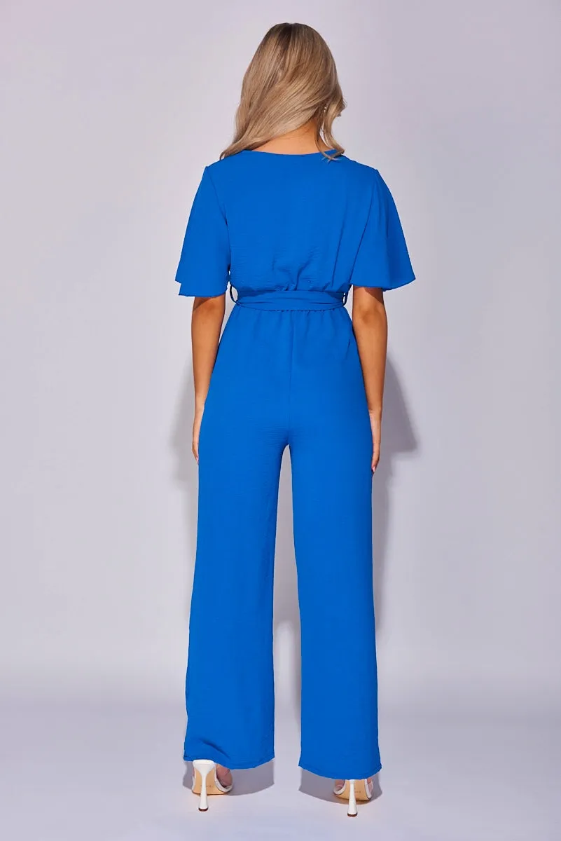 Blue Flute Sleeve Self Belt Wide Leg Jumpsuit