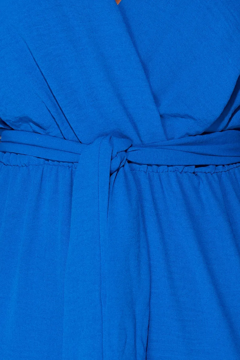 Blue Flute Sleeve Self Belt Wide Leg Jumpsuit