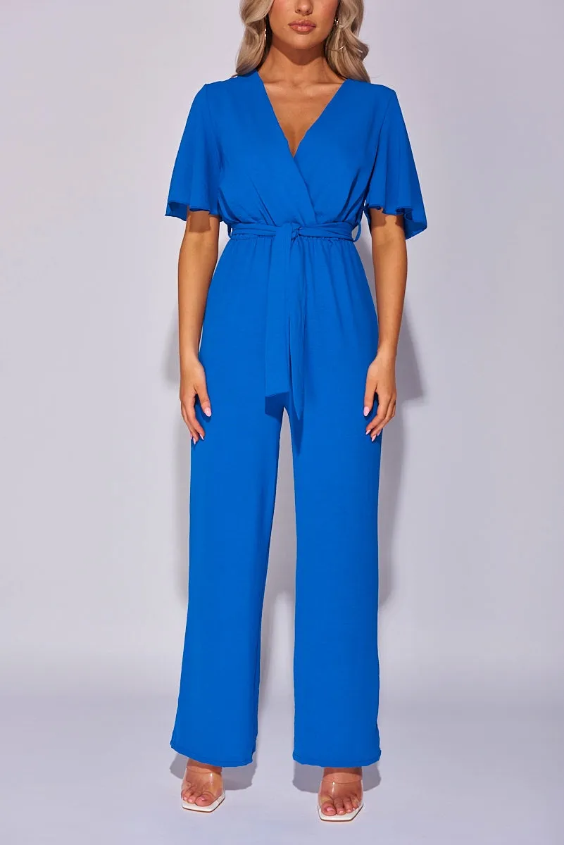 Blue Flute Sleeve Self Belt Wide Leg Jumpsuit