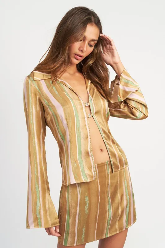 Boho Style Open Satin Shirt Women's Fashion Silky Striped Shirt