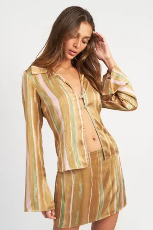 Boho Style Open Satin Shirt Women's Fashion Silky Striped Shirt