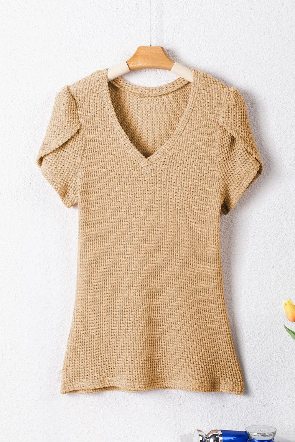 Camel V Neck Waffle Knit T-Shirt with Petal Sleeves