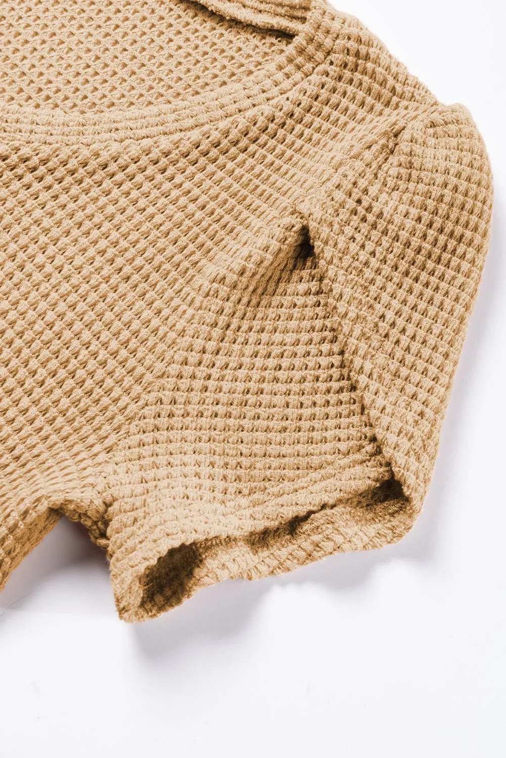 Camel V Neck Waffle Knit T-Shirt with Petal Sleeves