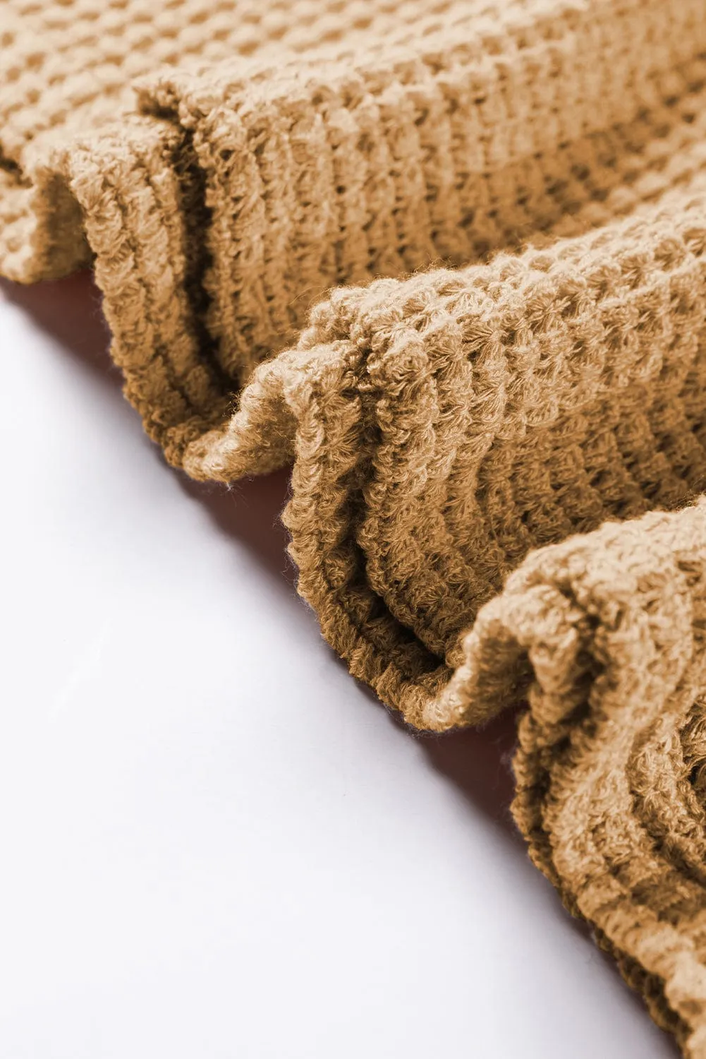 Camel V Neck Waffle Knit T-Shirt with Petal Sleeves