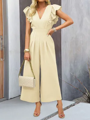 CHICMY- Women's 2024 Casual Jumpsuit Overall Ruff Sleeve V-Neck Wide Leg Jumpsuit One Piece