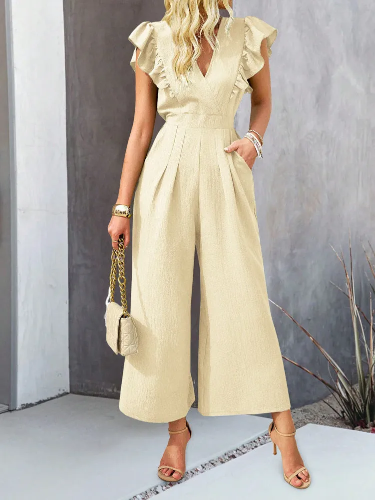 CHICMY- Women's 2024 Casual Jumpsuit Overall Ruff Sleeve V-Neck Wide Leg Jumpsuit One Piece