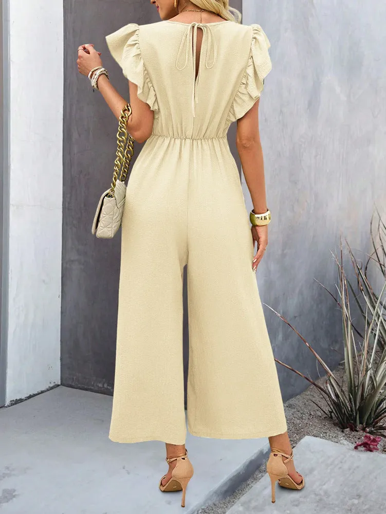 CHICMY- Women's 2024 Casual Jumpsuit Overall Ruff Sleeve V-Neck Wide Leg Jumpsuit One Piece
