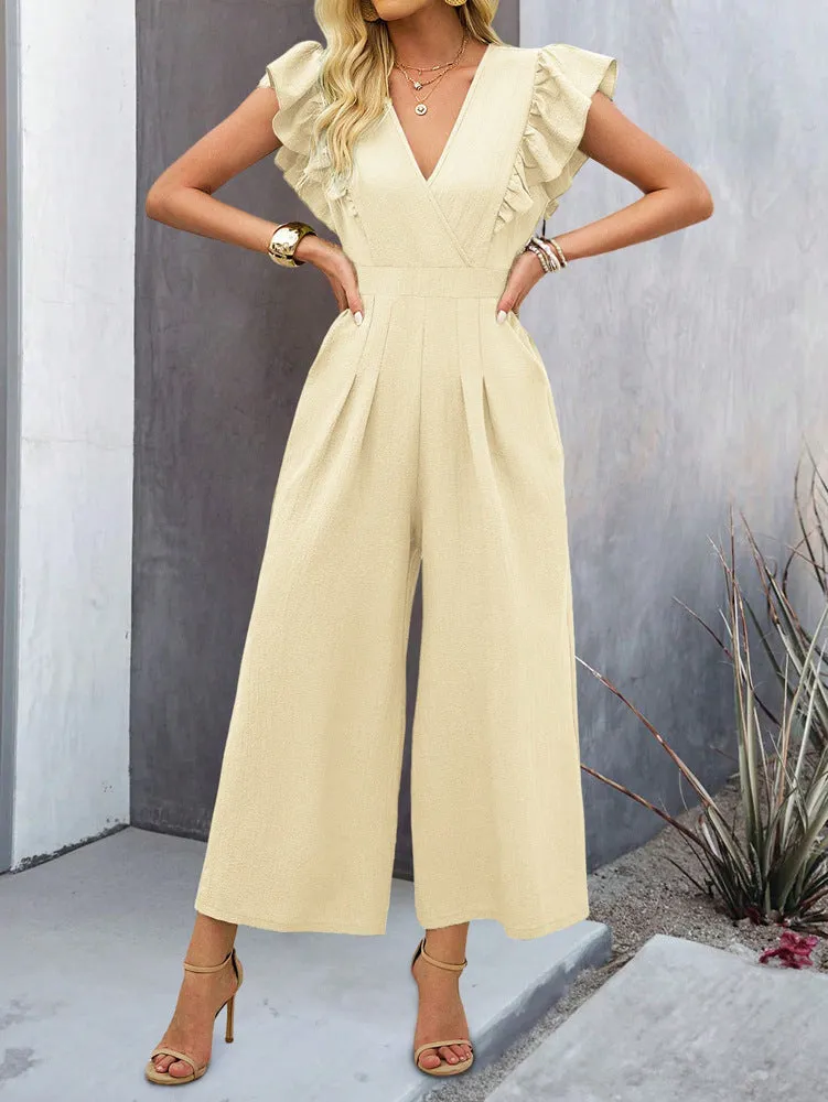 CHICMY- Women's 2024 Casual Jumpsuit Overall Ruff Sleeve V-Neck Wide Leg Jumpsuit One Piece