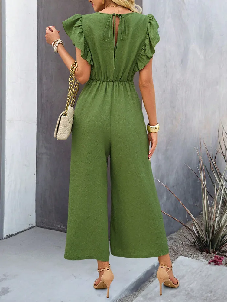 CHICMY- Women's 2024 Casual Jumpsuit Overall Ruff Sleeve V-Neck Wide Leg Jumpsuit One Piece