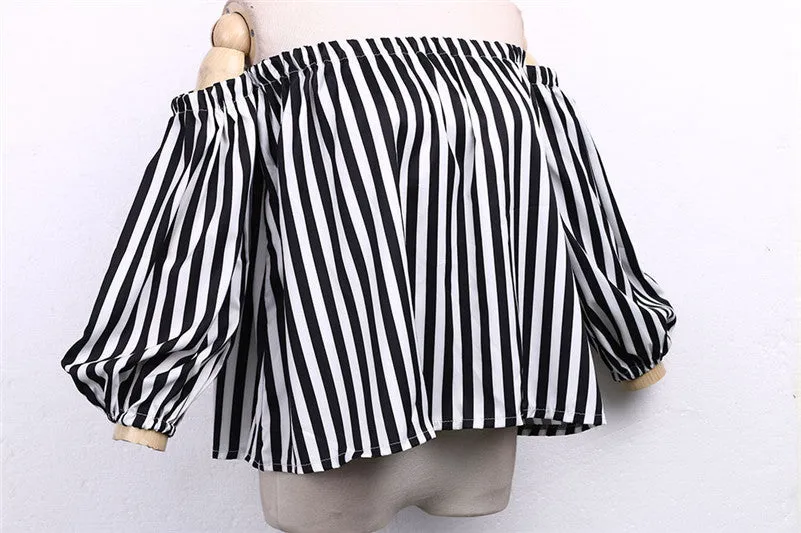 Claribel Elegant Off Shoulder Casual Choker Stripe Blouse