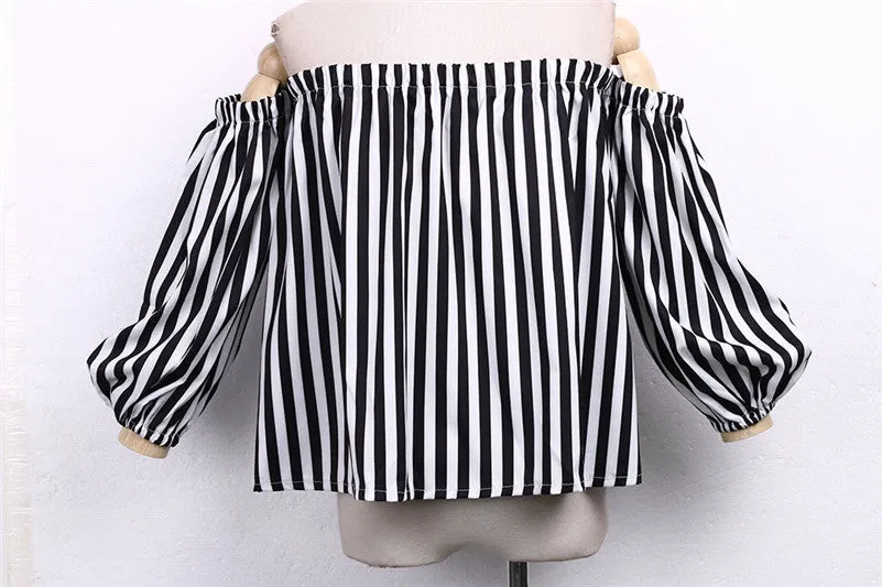 Claribel Elegant Off Shoulder Casual Choker Stripe Blouse
