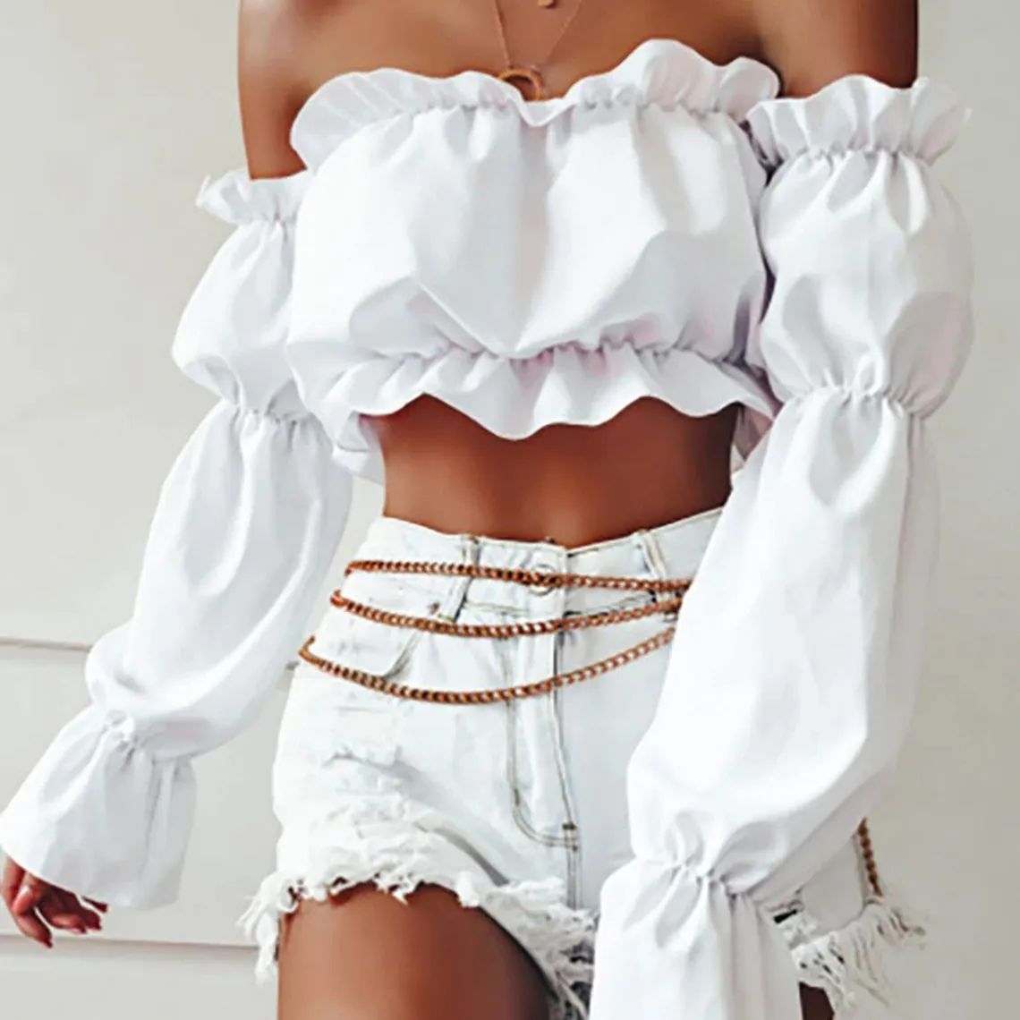 Crumpled Off Shoulder Lantern Sleeves Crop Top