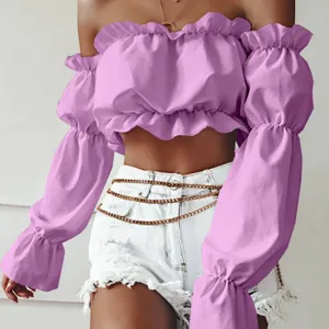 Crumpled Off Shoulder Lantern Sleeves Crop Top