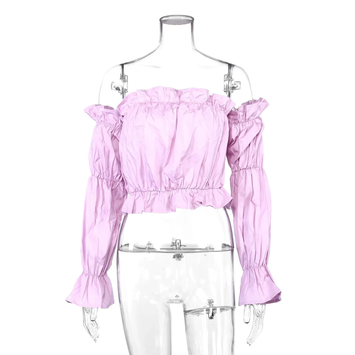 Crumpled Off Shoulder Lantern Sleeves Crop Top