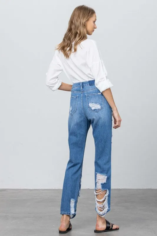 Destroyed High Rise Straight Leg Denim Jeans
