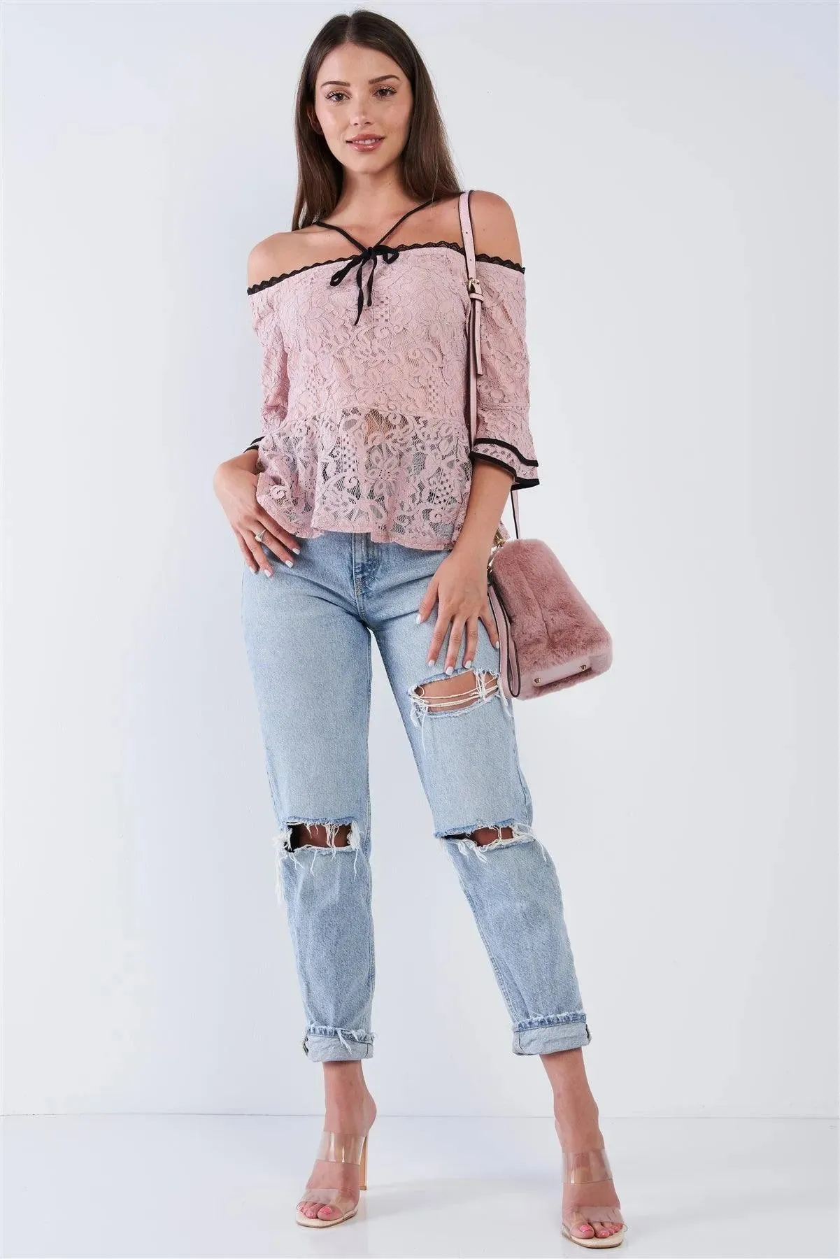 Dusty Pink Off The Shoulder Cropped Lace Midi Sleeve Peplum Top