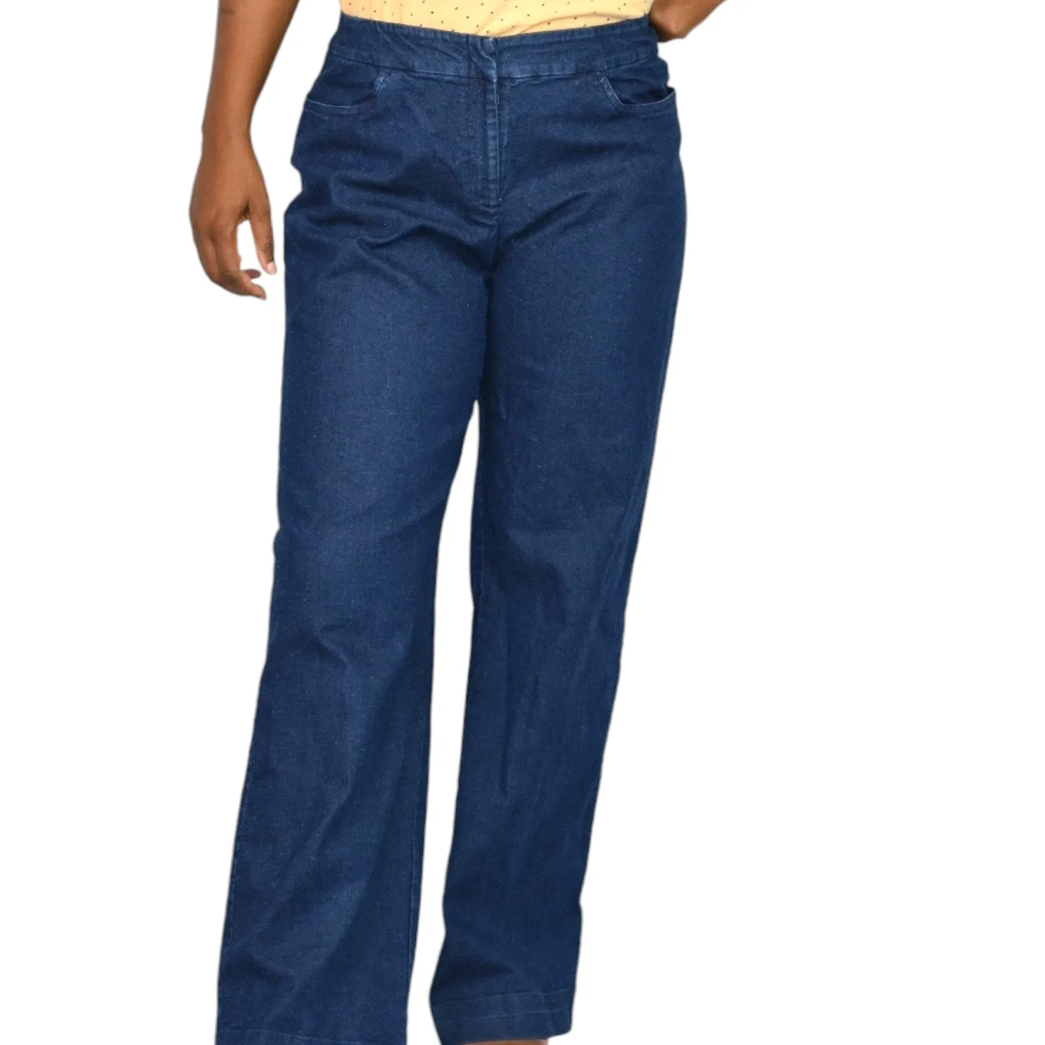 Eileen Fisher Denim Trousers Blue Wide Leg Dark Wash Midrise Straight Stretch Size Small