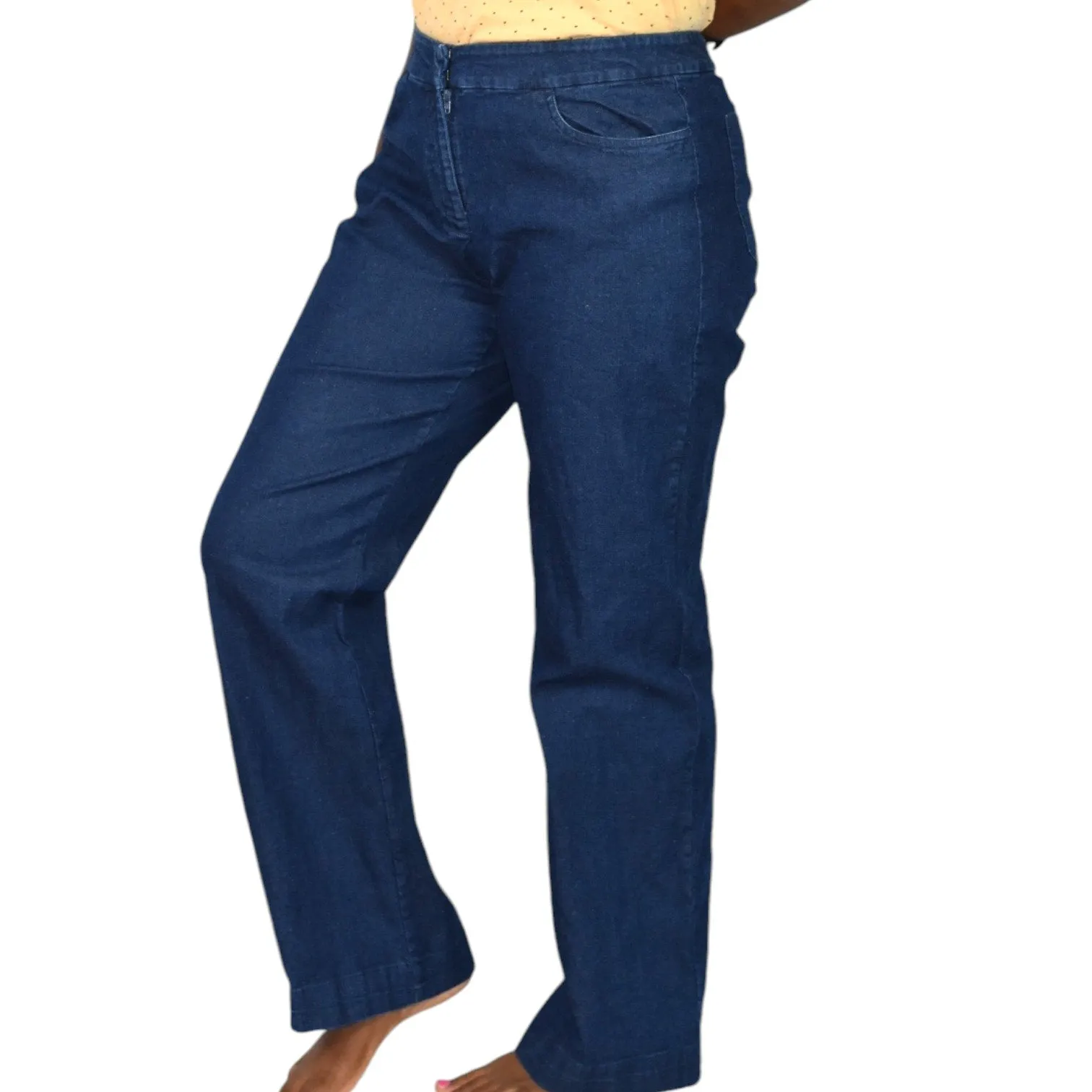 Eileen Fisher Denim Trousers Blue Wide Leg Dark Wash Midrise Straight Stretch Size Small