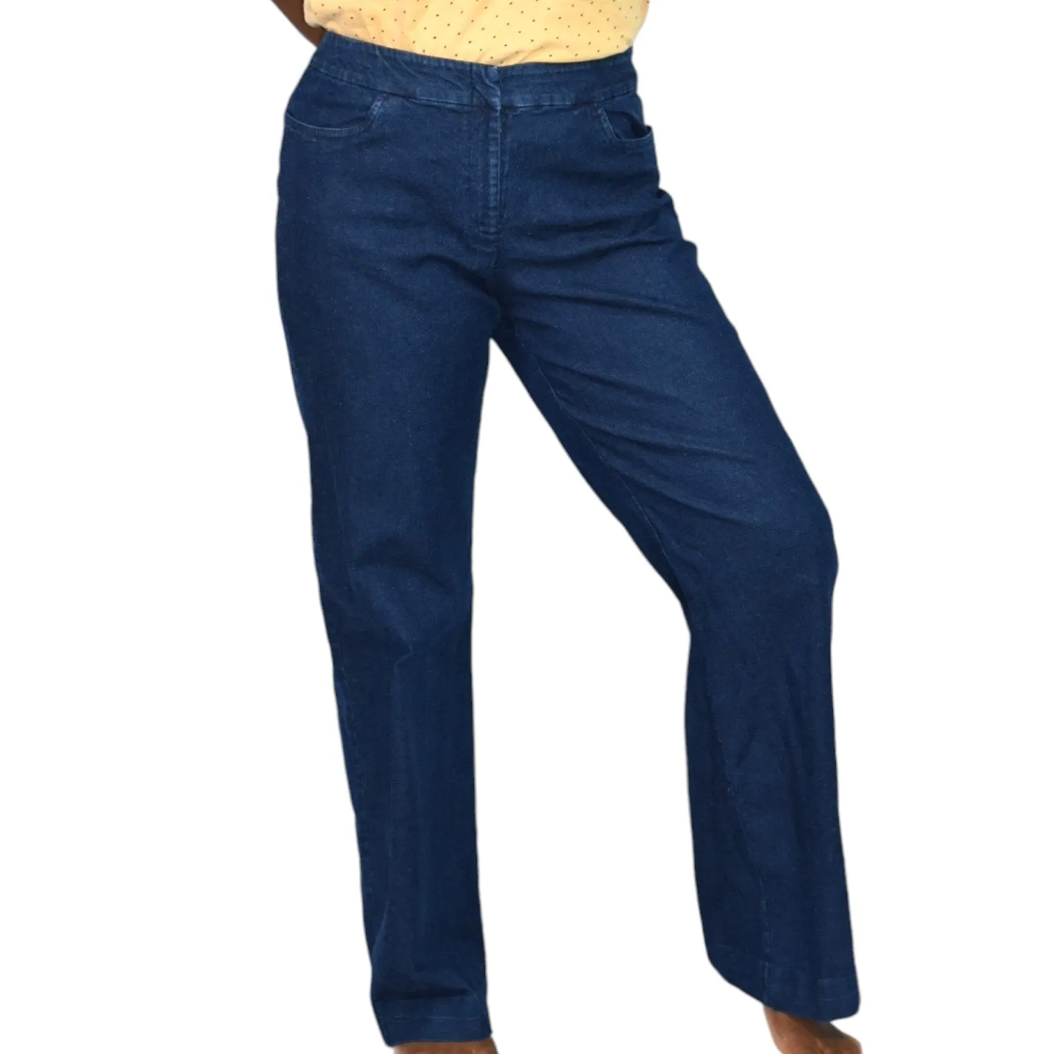 Eileen Fisher Denim Trousers Blue Wide Leg Dark Wash Midrise Straight Stretch Size Small