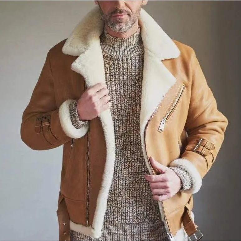 European and American men's ethnic outerwear zipper plush brown belt buckle decoration fashionable urban good-looking ancient trendy men's jacket