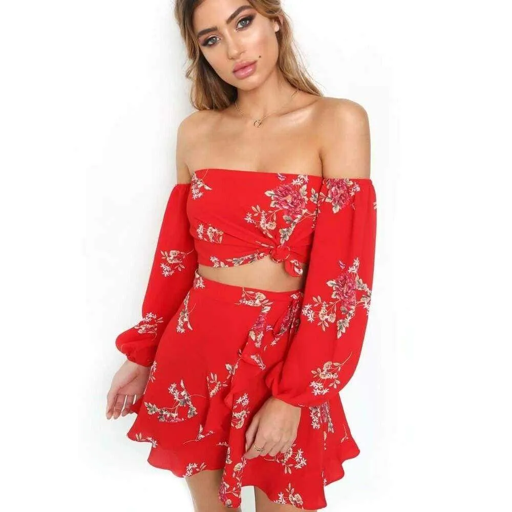 FashionSierra - Summer Holiday Women 2 Piece Set Off Shoulder Blouse Plus Skirts Bandage Bandeau Crop Top Skirt Beach Outfit Sundress