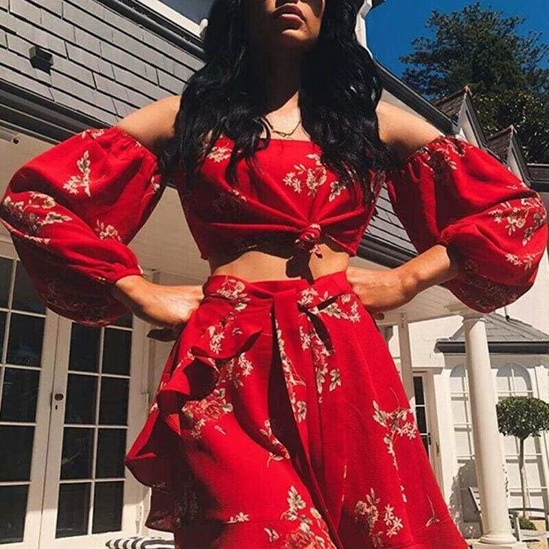 FashionSierra - Summer Holiday Women 2 Piece Set Off Shoulder Blouse Plus Skirts Bandage Bandeau Crop Top Skirt Beach Outfit Sundress